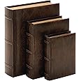 Deco 79 Wooden Decorative Box Faux Storage Book Book Shaped Boxes with Faux Leather Detailing, Set of 3 Decorative Keepsake Boxes 13", 10", 8"H, Brown
