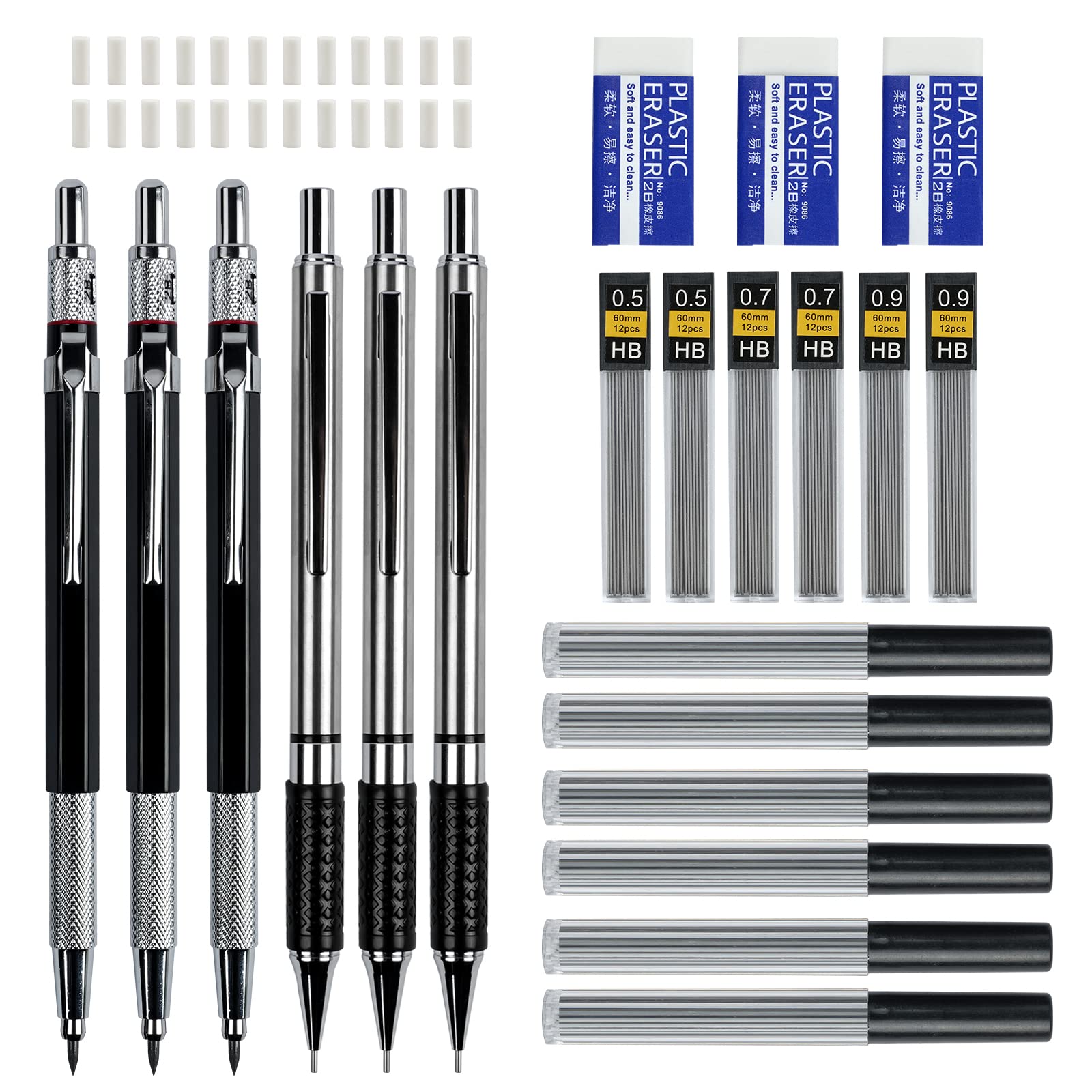 AUAUY 6PCS Metal Mechanical Pencil Set, 3PCS Drafting Pencils 0.5 mm & 0.7 mm & 0.9 mm & 3 PCS 2mm Art Pencil with 12 Tubes Lead Refills & 3 Erasers & 24 Cap Erasers for Writing, Drawing, Sketching
