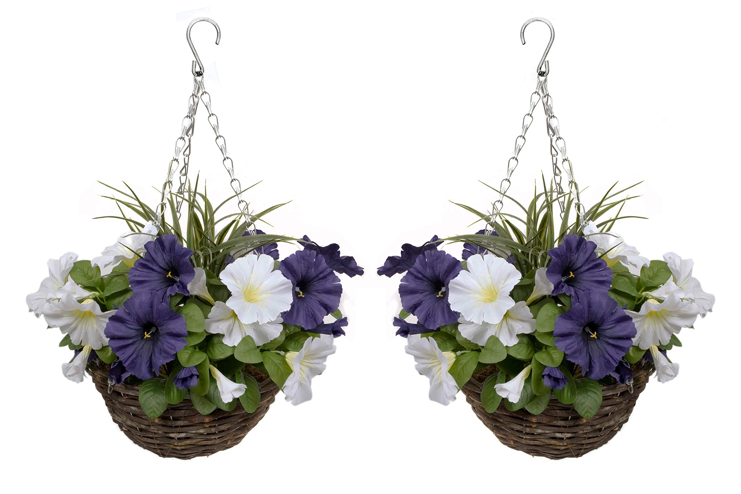 GreenBrokers Rattan 2X Artificial Round Hanging Baskets with Dark Purple & White Petunias and Decorative Grasses (Set of 2)