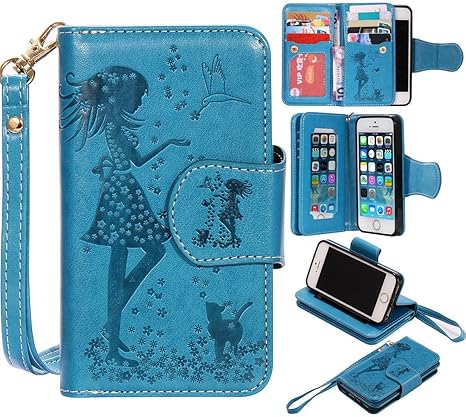 Nancen Compatible with Handyhülle iPhone 5 / 5S / SE (4,0 Zoll) Hülle, Prägung Mädchen Schmetterling Blume Vögel und Katze Mu