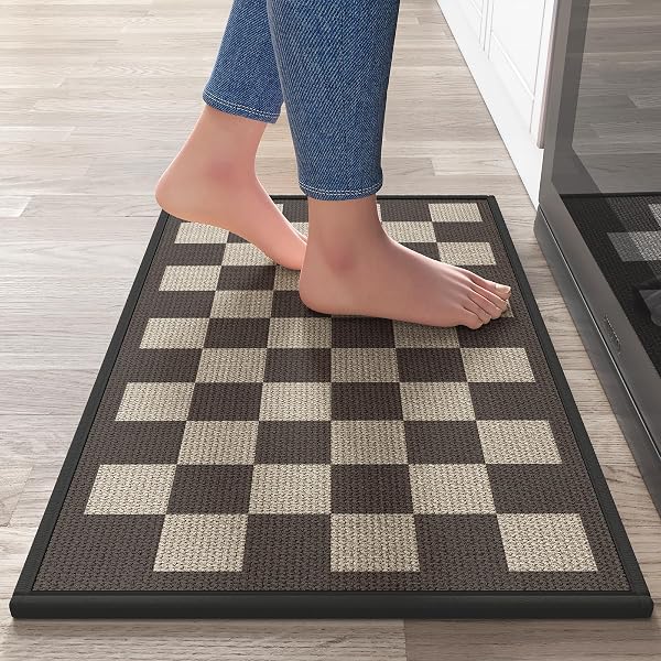 YDKGL KITCHEN MATS FOR FLOOR, SUPER ABSORBENT KITCHEN RUGS NON SLIP WASHABLE, LINEN-LOOK WOVEN CUSHION KITCHEN RUNNER RUG, KITCHEN SINK STANDING MAT, BLACK BEIGE CHECKERED 17″X30″