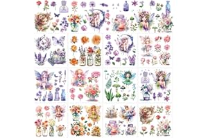 WXIBEN Fairy Rub on Transfers for Crafts - 12 Sheets Flower Fairy Rub on Transfers for Furniture Gnome Floral Plant Butterfly Rub on Transfer Decal Stickers for Wood DIY Craft Office Home Decor