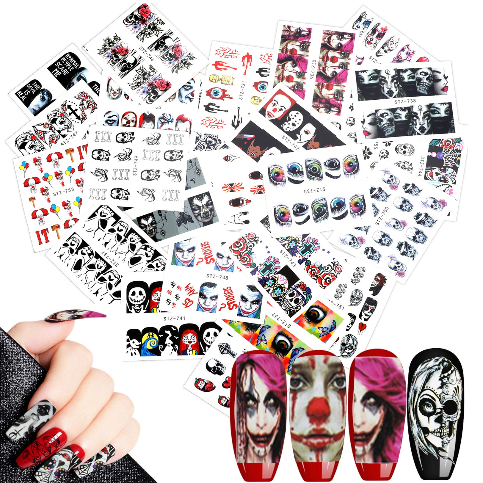 25 Sheets Halloween Nail Art Decals Stickers, MWOOT Water Transfer Grimace Skull Eye Full Wrap Stickers Set for DIY Nail Tips