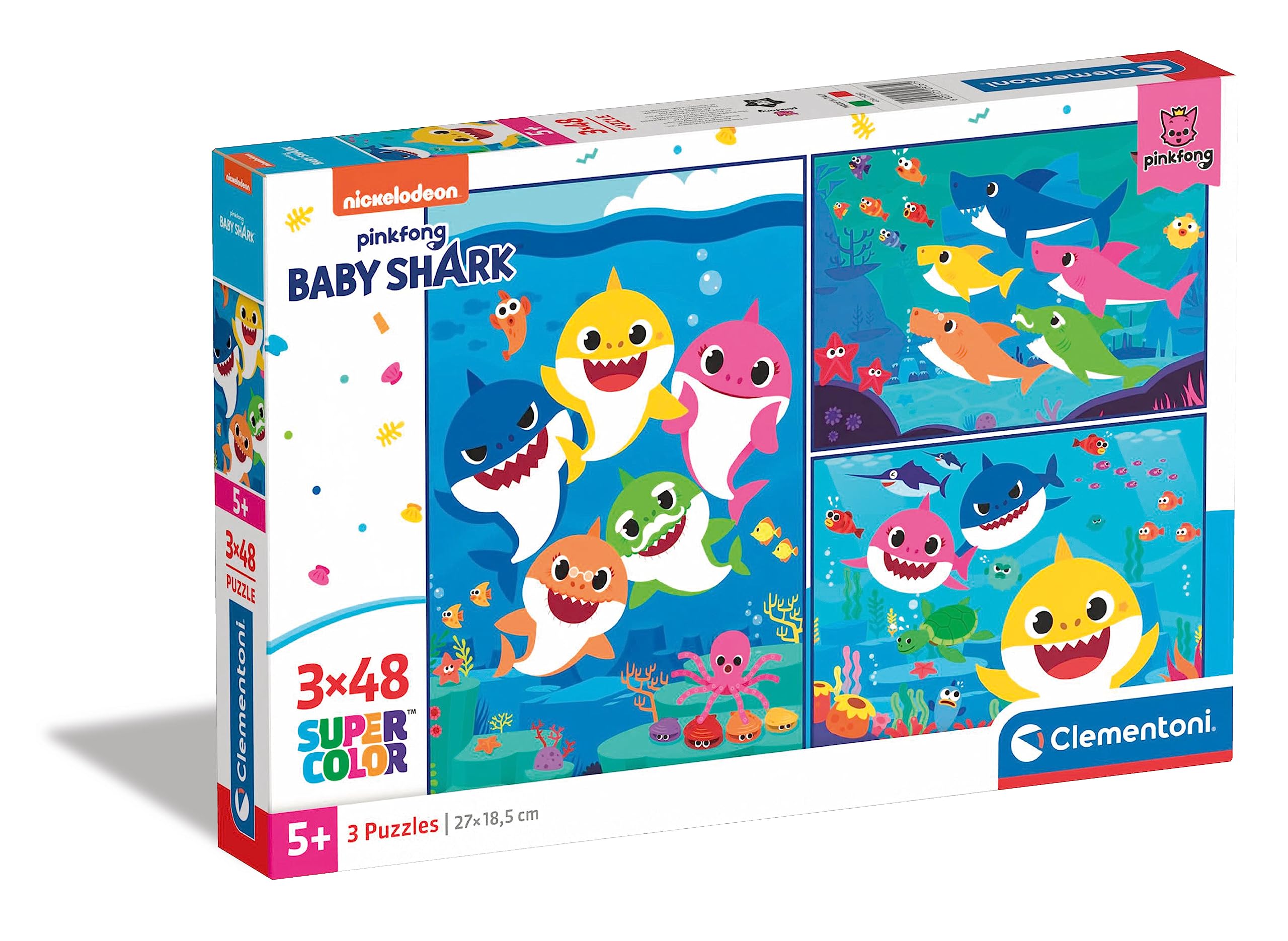 Clementoni 25261, Baby Shark Supercolor Puzzle for Children - 3 x 48 Pieces, Ages 4 Years Plus