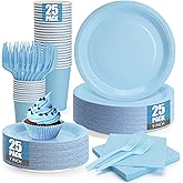 CENLBJ Light Blue Paper Plates and Napkins Party Supplies, Include 9’’Disposable Blue Plate, 7’’Dessert Plates Cups Napkins Forks for Baby Shower, Wedding, Birthday Decorations, Serves 25