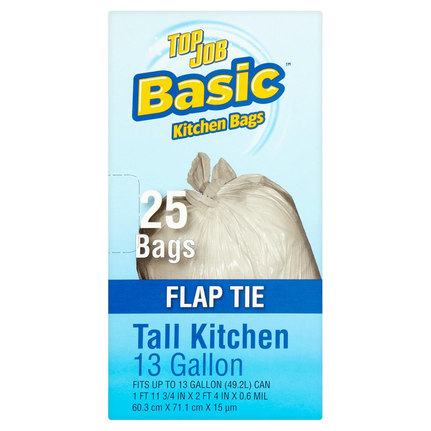 Top Job Basic Flap Tie Tall Kitchen Trash Bags, 13 gal, 25