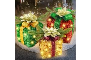 Caxchiling Christmas Lighted Gift Boxes 3 Pack, Prelit 50 Led Light Up Present Boxes, Outdoor Indoor Christmas Decorations, Christmas Arrangements Undertree, Red Gold Green