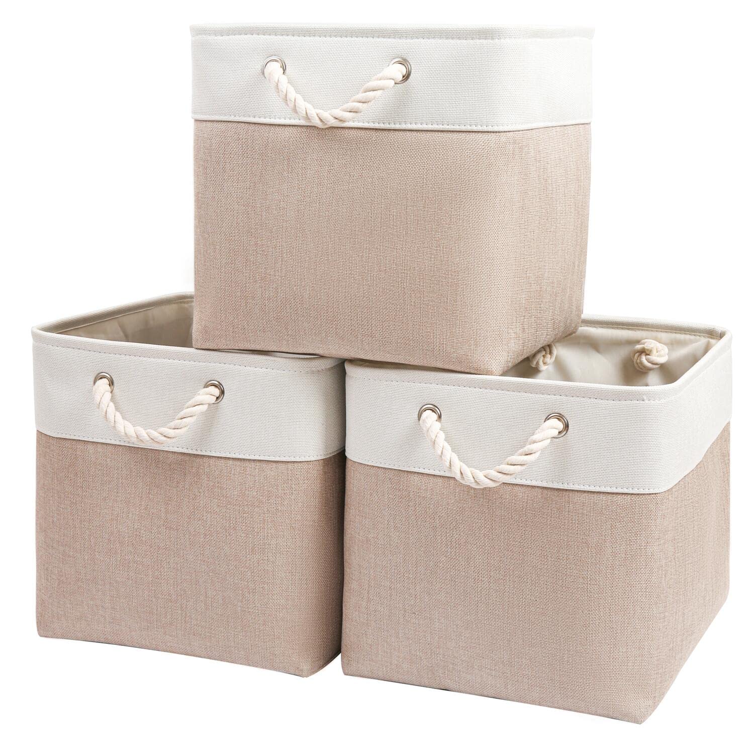 Mangata Fabric Storage Baskets,33 x 38 x 33cm Large Foldable Storage Boxes for Organizing Clothes Shelf Nursery Closet(Beige/White, Set of 3)