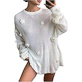 WDIRARA Women's 3D Floral Sweaters Crew Neck Long Sleeve Pullover Knitwear Loose Knit Tops