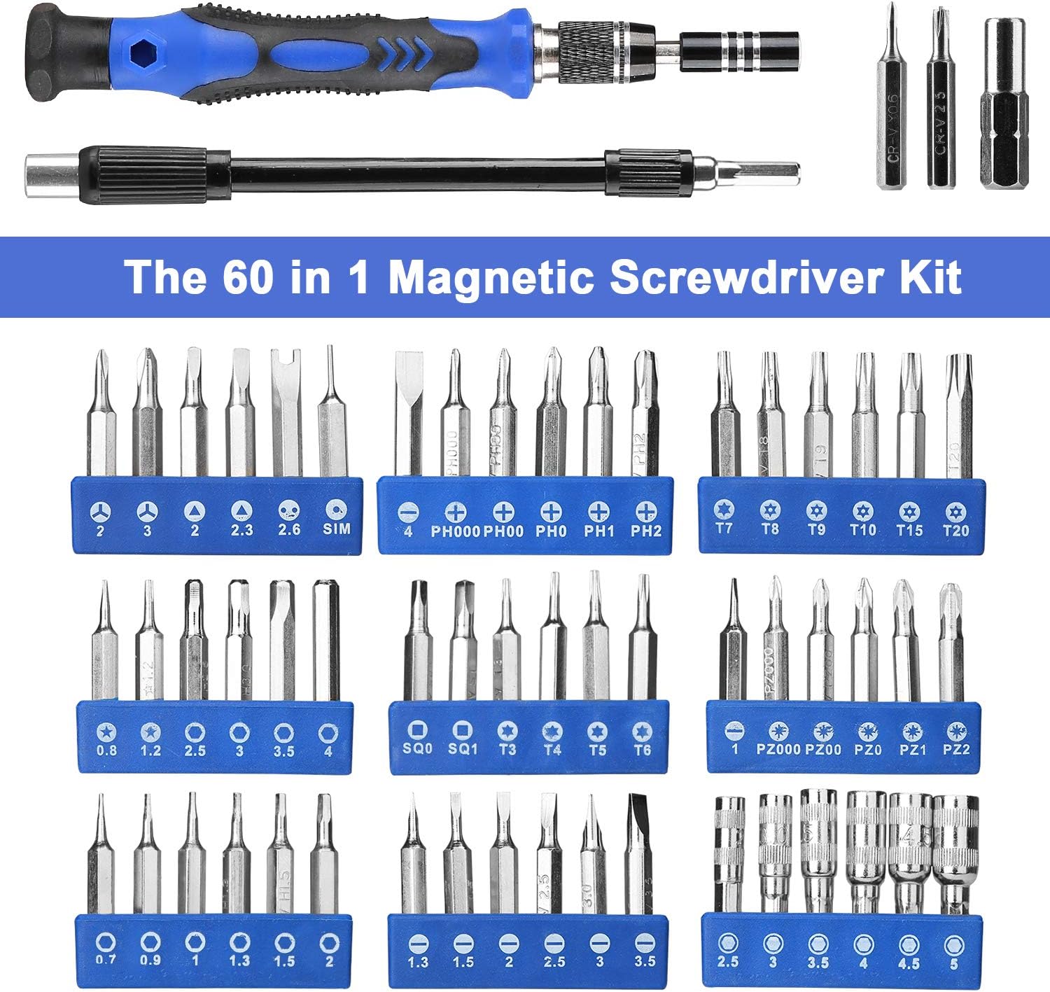 Hautton Precision Screwdriver Set, 60 in 1 with 56 bits Magnetic Screwdriver Kit, Stainless Steel Professional Repair Tools Kit for Phone, Laptop, PC, Camera, Game Console, Glasses, and More –Blue: Home Improvement