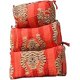 INDACORIFY Beautiful Printed Toiletry Bag Set 3 Pcs Quilted Makeup Bag Cosmetic Bag Block Print Handmade Waterproof Travel Accessory Bag