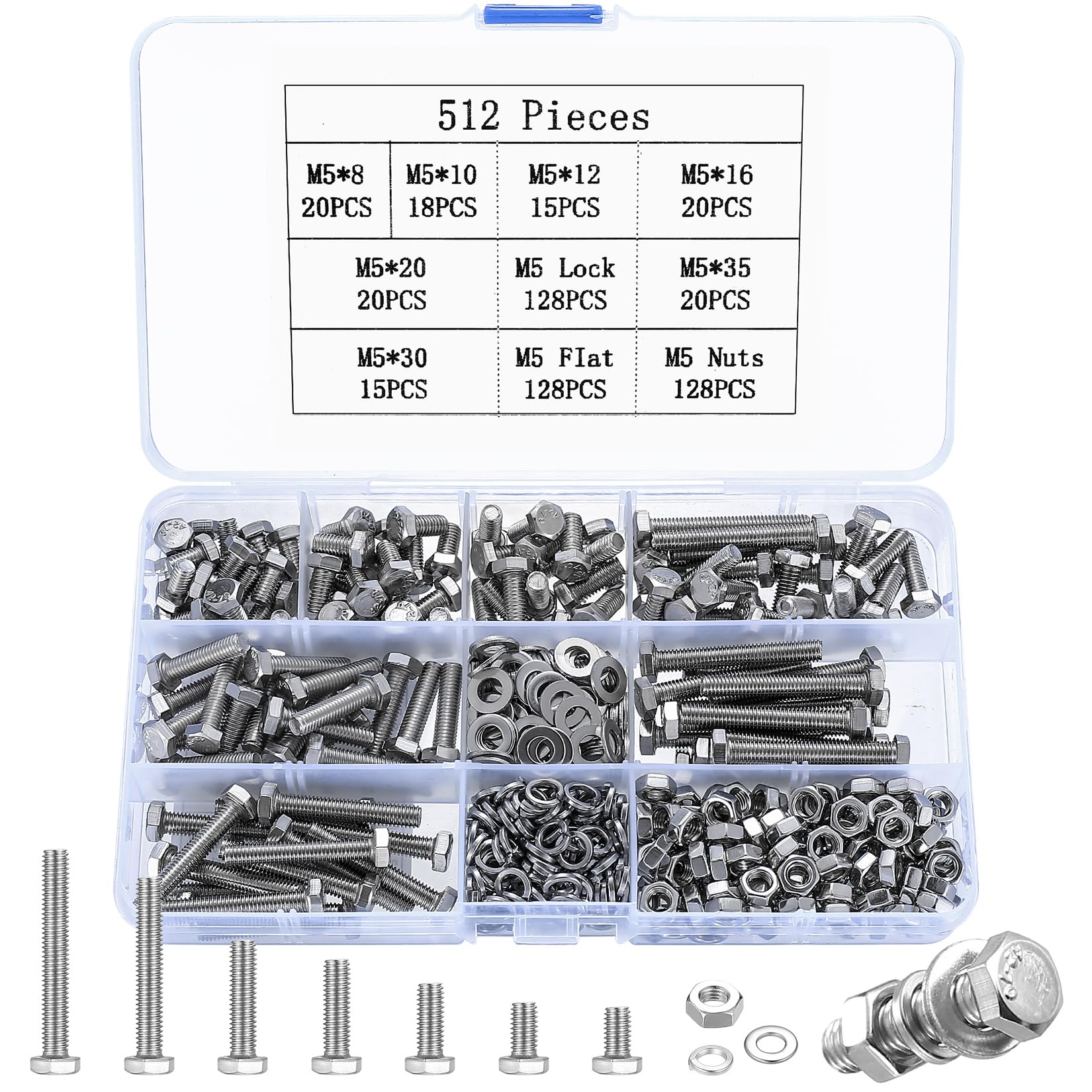 512 Pcs M5 Bolts and Set, M5 Flat Hex Bolts Sets, Metric Assorted Nuts and Screws Assortment, Bike Hexagon Machine Screws and Nuts and Flat Washers & Lock Washers