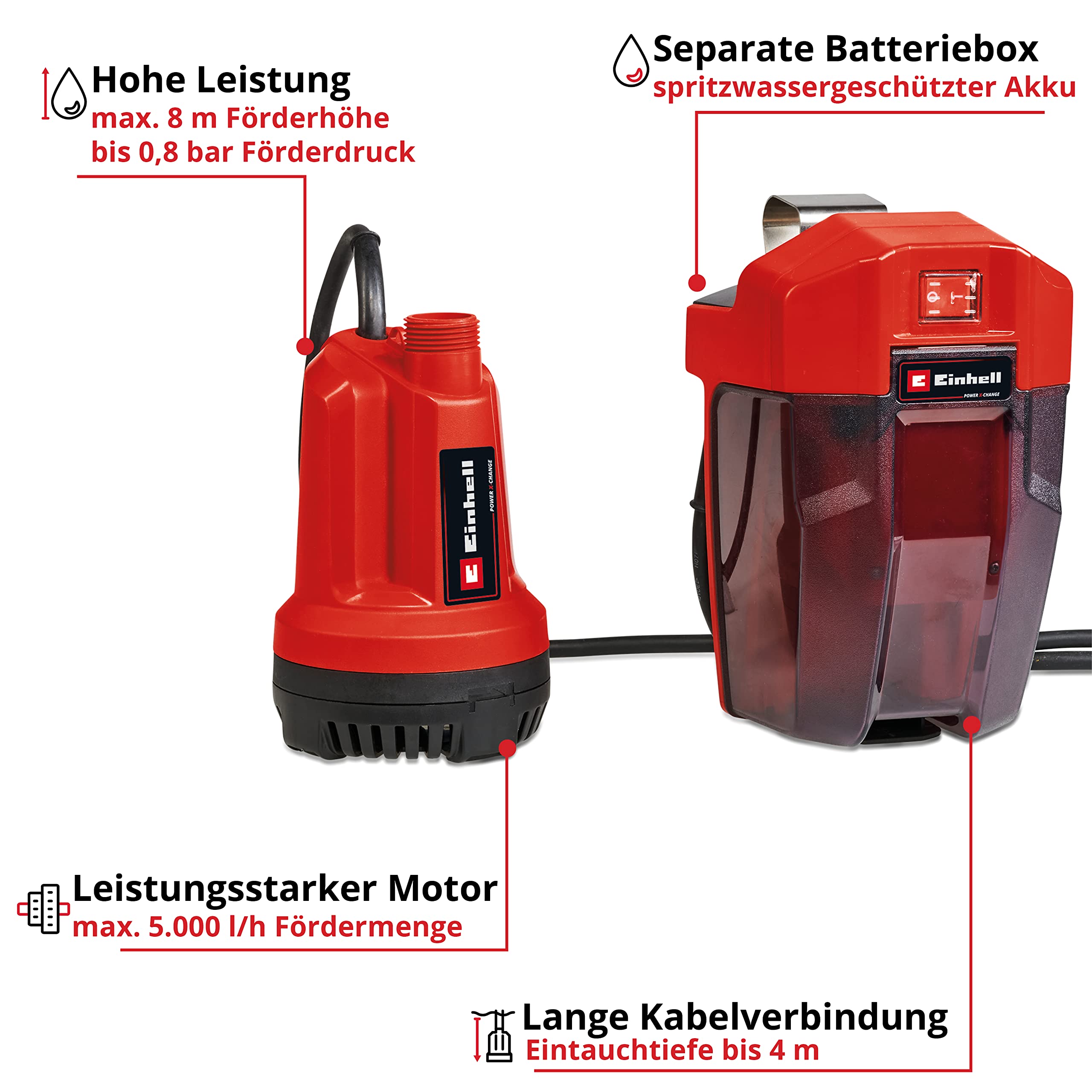 Einhell Akku-Klarwasserpumpe GE-SP 18 Li-Solo Power X-Change (Lithium-Ionen, 18 V, max. Förderhöhe 8 m, max. 5.000 l/Std., 5 m Verbindungskabel, ohne Akku und Ladegerät) 3
