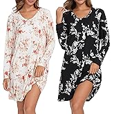 Kabento 2 Pack Long Sleeve Nightgowns for Women Soft Cotton Night Gowns Sleepwear V Neck Nightshirts
