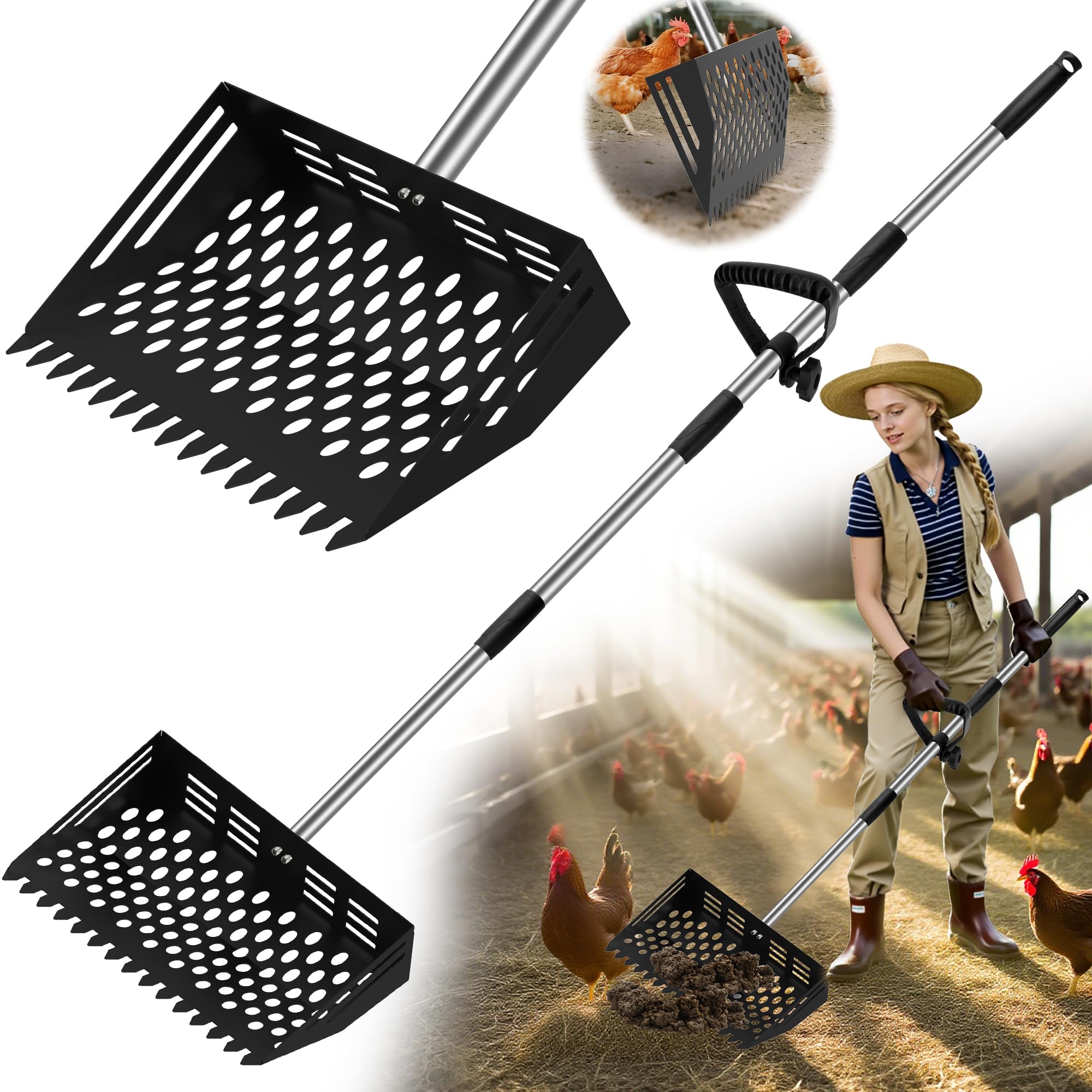 Photo 1 of 2 in 1 Chicken Poop Scooper & Rake, 12" Chicken Coop Scooper With Ergonomic Grip, Durable Chicken Scooper for Poop With 4 Length Adjustable Stainless Steel Handle(24 to 67") Litter Sifting Shovel