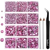 BEADSLAND 6736pcs Hotfix Rhinestones Flatback,Pink Rhinestones for Crafts Clothes Mixed 5 Sizes, Hotfix Crystals with Tweezers and Wax Pencil Kit, SS6-SS30,Dark Pink