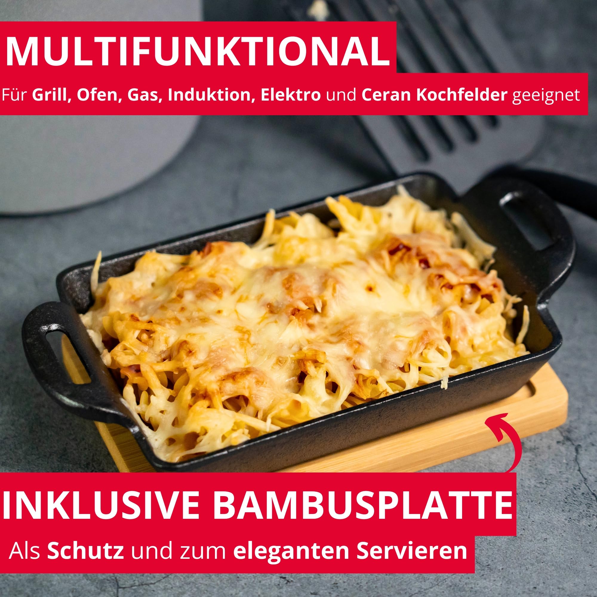 Westmark Gusseiserne Schale Tapas + Friends – kleine Gusseisen-Auflaufform, für alle Herdarten geeignet, auch Induktion und Grill, inkl. Bambus-Untersetzer – Eisen, 300 ml 2