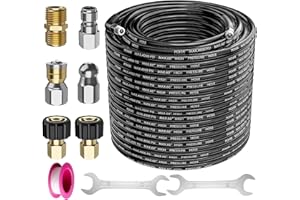 POHIR Sewer Jetter Kit for Pressure Washer 100 ft, Hydro Drain Jetter Cleaner Hose with 1/4 Female NPT, Button Nose, Rotating Sewer Jet Nozzle and Pressure Washer Adapter, 4000 PSI Drain Cleaner Hose