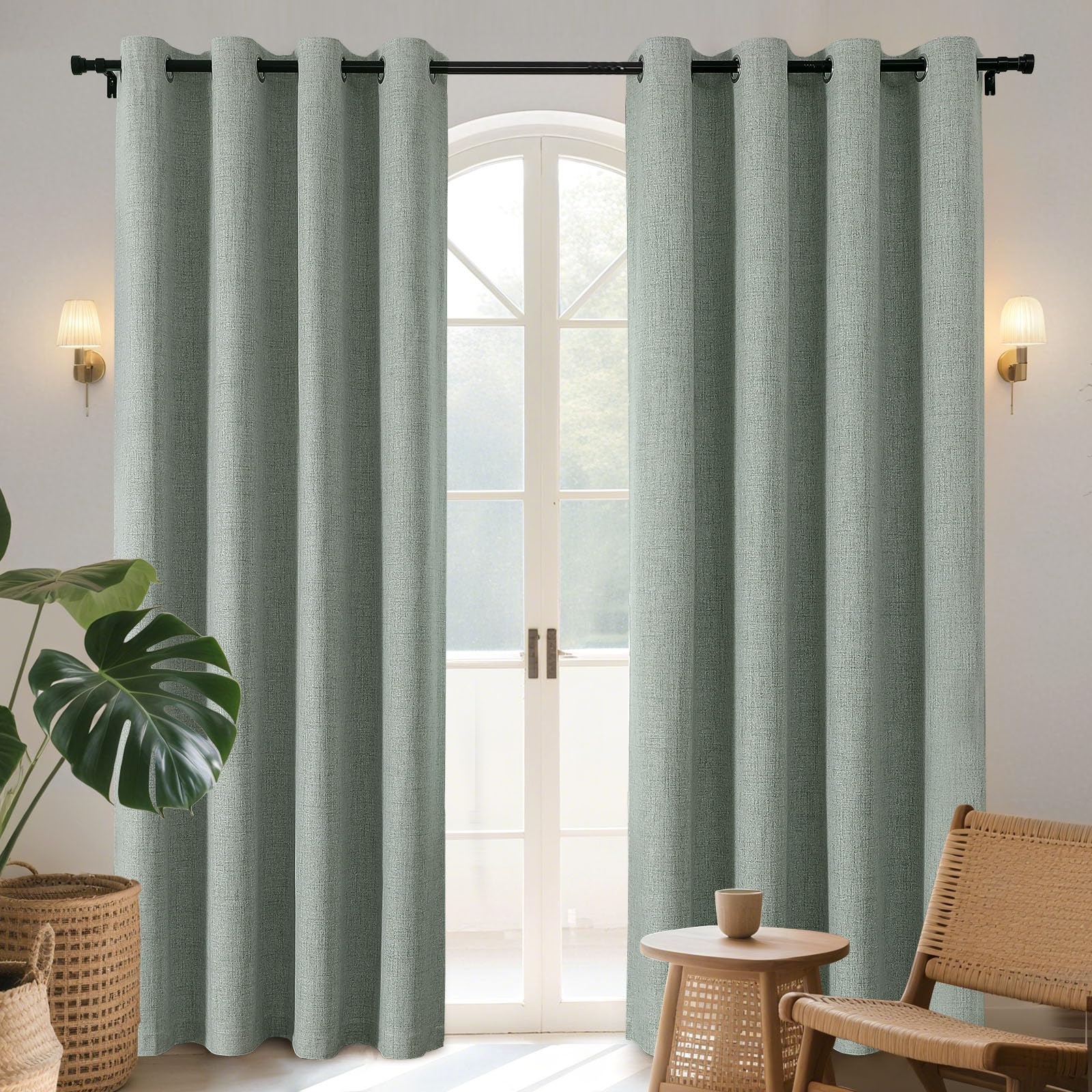 Joydeco 100% Blackout Lined Curtains Bedroom 96 Inch Drop, Faux Linen Textured Thermal Insulated Eyelet Curtains with Coating Back Layer for Living Room W55 x L96, Sage Green - 2 Panels