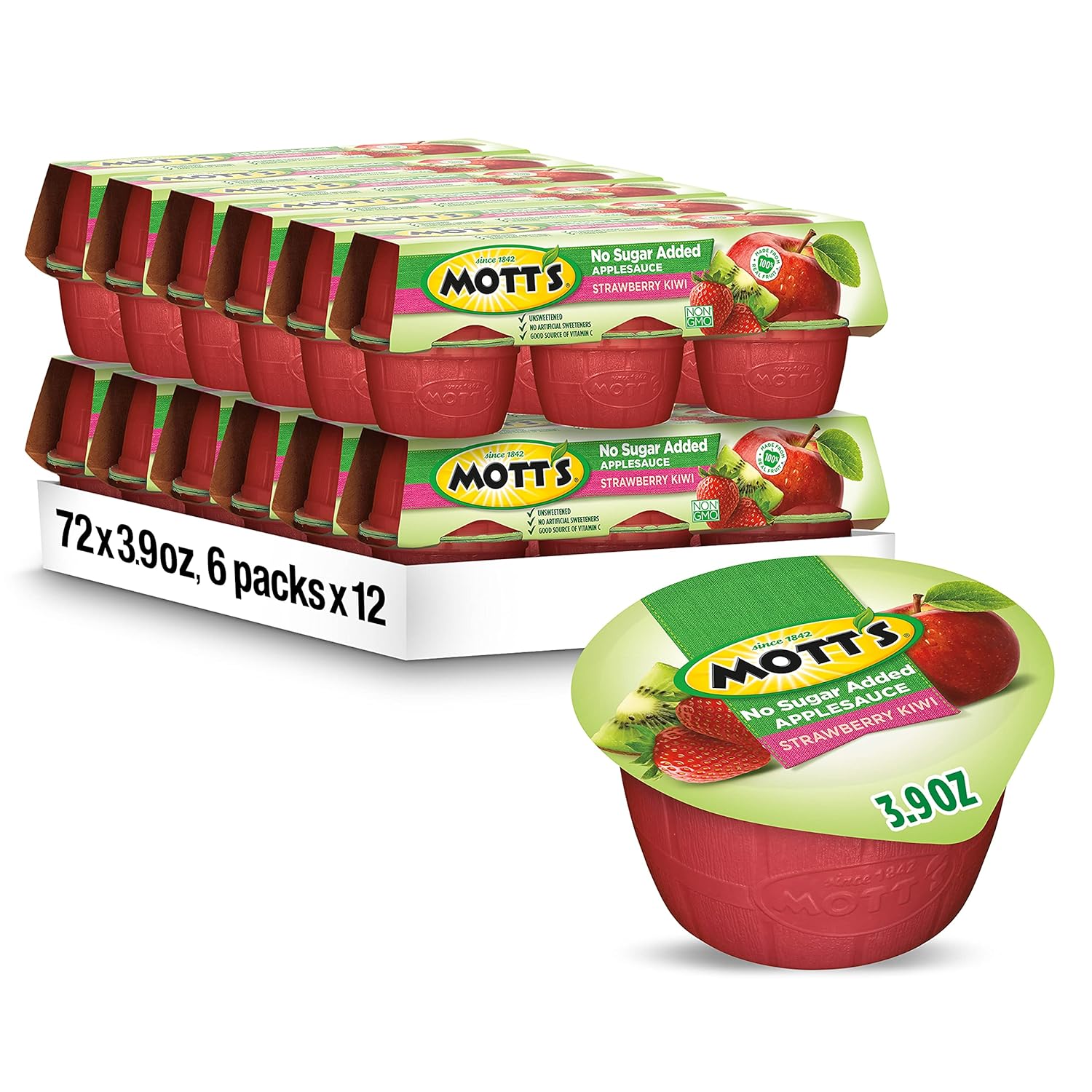 Mott's Unsweetened Strawberry Kiwi Applesauce, 3.9 oz cups, 6 Count (Pack of 12)