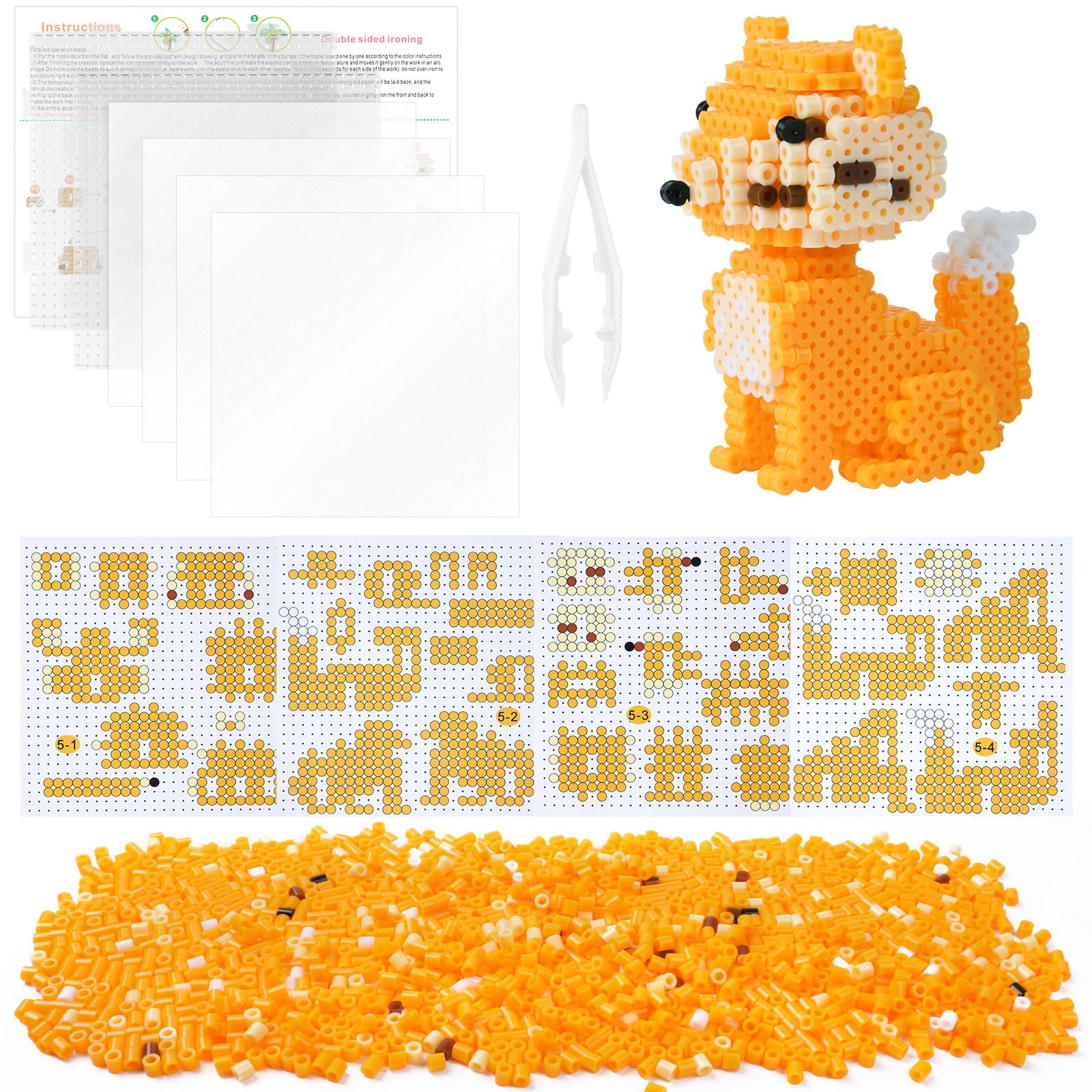AUAUY 3D Fox Fuse Beads Kit, 5mm Iron Beads Set for Kids, DIY Art Craft Toys Iron Beads, with Pattern Cards, Pegboards, Tweezers, Ironing Papers, Christmas Birthday Gift for Boys and Girls