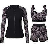 Cagola Rash Guard for Women 3 Piece Swimsuits Long Sleeve Bathing Suit with Boyshorts and Bra Ladies Swim Over 50 UPF 50+