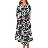 Prinbara Women's 3/4 Sleeve Midi Dresses 2025 Fall Casual Boho A-Line Flowy Swing Summer Floral T Shirt Dress with Pockets