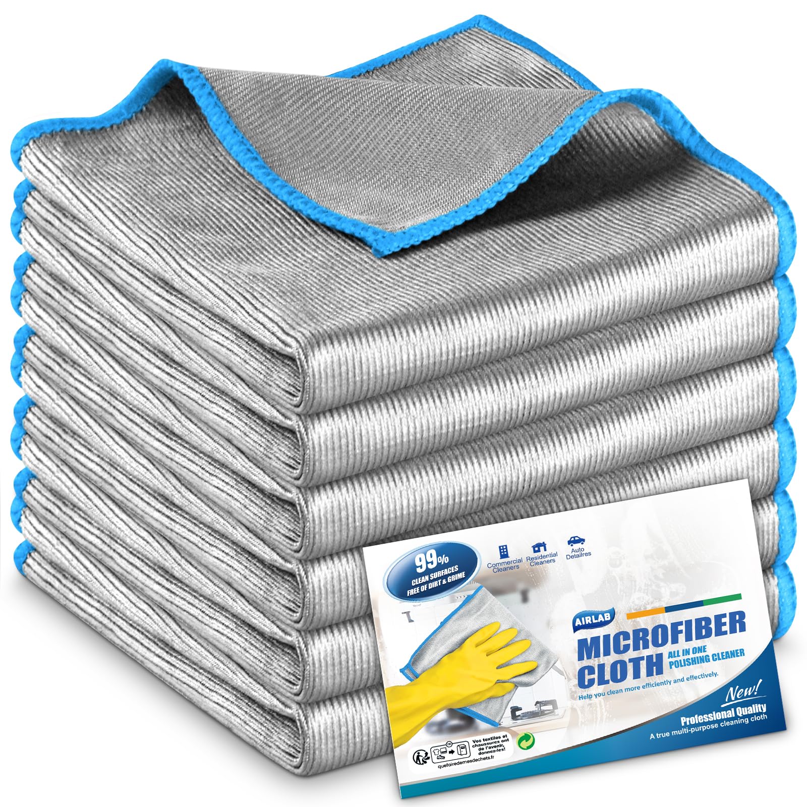 Airlab 6X Double-Sided Microfibre Cleaning Cloth, Lint Free Magic Glass Cloth for Window, Streak-Free Polishing Cloth for Mirror Car Windscreen, Kitchen Towels Dish Cloths