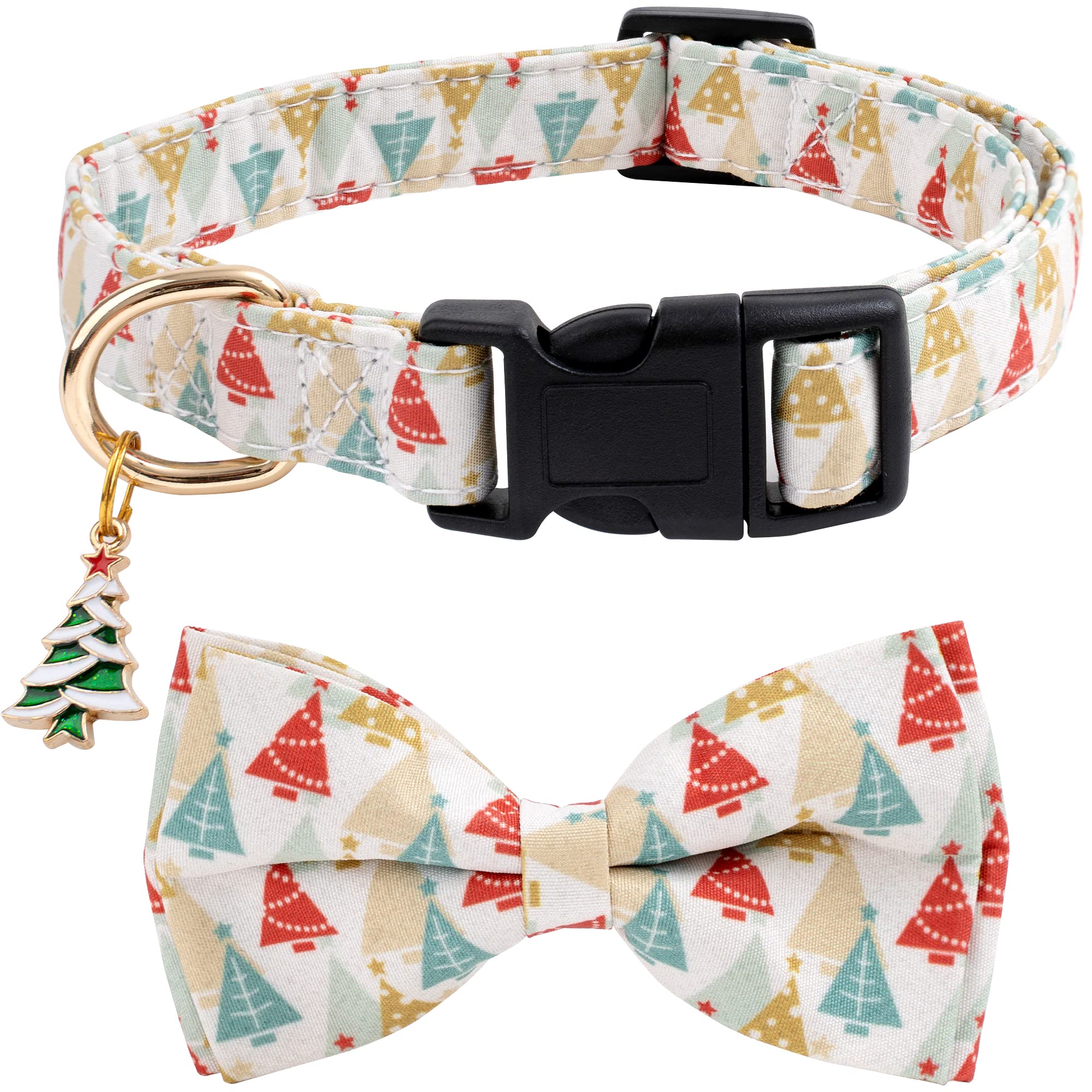 Cotton Christmas Dogs Collar with Bow Tie Beige Gold Dog Collars