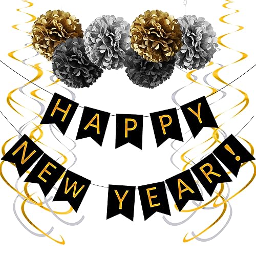 Saliyaa Gold & Black Happy New Year Banner for 2026 New Years Eve Party ...