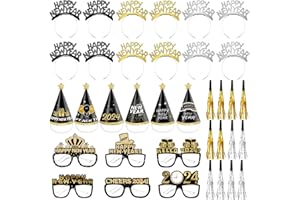 AHZEMEPINYO 48 Pieces New Years Eve Party Supplies 2024 New Years Party Kit 2024 Happy New Year Headband Tiara Metallic Fringed Noise Makers 2024 Glasses Paper Hats for New Years Eve Party Accessories