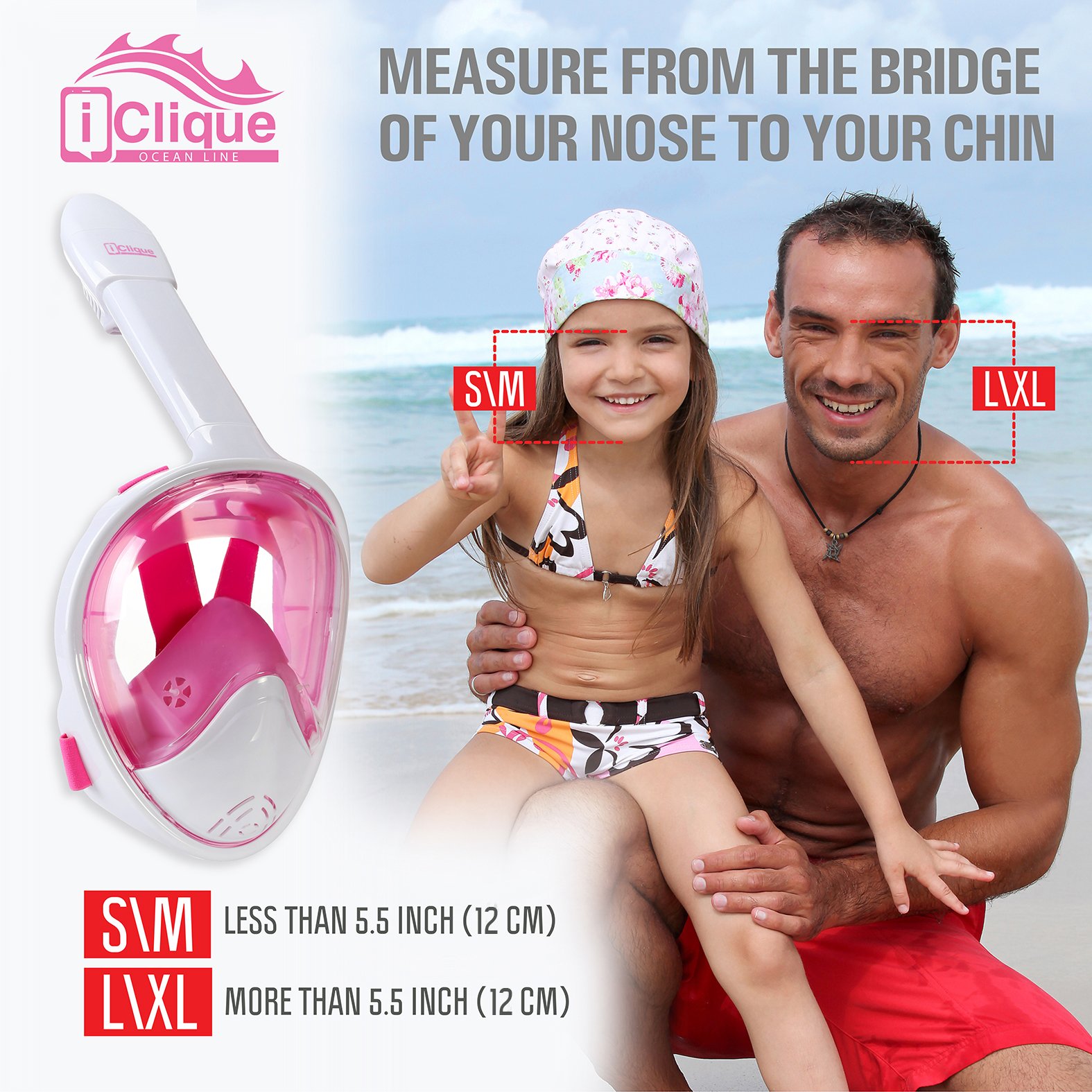 iClique Full Face Snorkel Set - Scuba Diving Mask with Tubeless Anti-Fog Anti-Leak Design - 180 ° Panoramic Viewing - Free Swimming Waterproof Case for Phone Earplugs - GoPro Adapter (Pink)