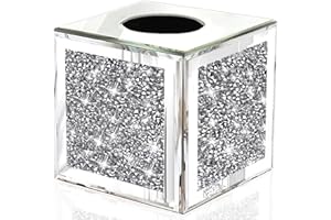 Wocred Square Mirrored Tissue Box Cover,Crystal Crushed Diamond Tissue Box,Silver Luxury Tissue Holders for Either Tissues in a Bathroom or Napkins on a Table.(5.5”x5.5”x5.5”)