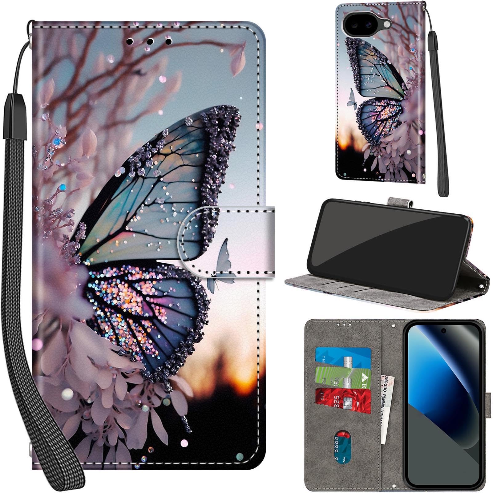 Handyhülle für Google Pixel 10A Hülle, Magnetische Flip Stoßfeste Schutzhülle mit Standfunktion Kartenfächern Klapphülle Handytasche Schmetterlingsflügel 3
