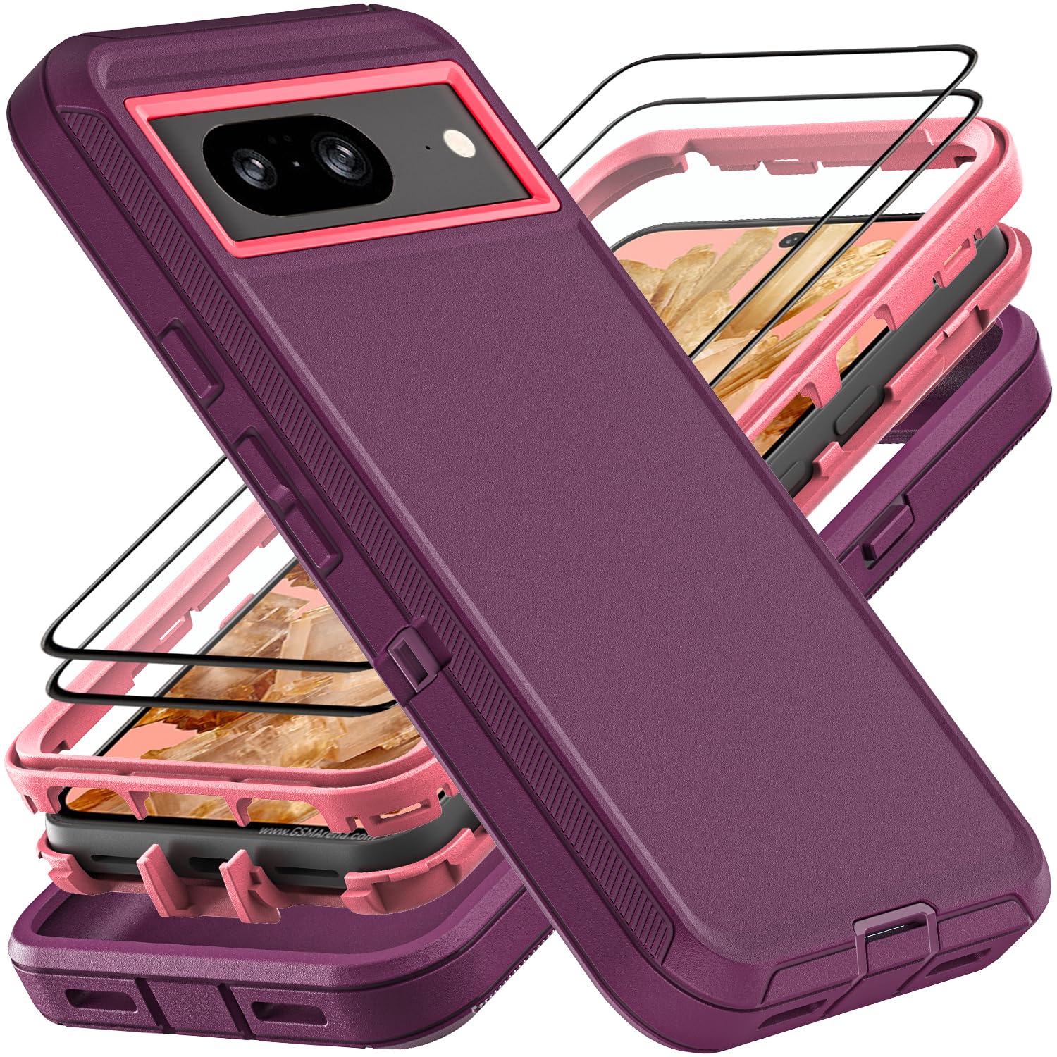 Photo 1 of YKHJKLEC for Google Pixel 8 Case, Military Grade 3 in 1 Heavy Duty Shockproof/Drop Proof/Dust Proof Case with 2Pcs Tempered Glass Screen Protector (Purple/Pink)