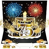 Turypaty 75th Birthday Cards Pop Up 3D Cake - Firework & Music & Blow Out Candle Light Funny Happy 75 Black Gold Birthday Card Gifts for Men, Women, Dad, Mom, Husband, Wife, Grandpa, Grandma