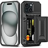 SAMONPOW for iPhone 15 Case Wallet with Card Holder [4 Cards] & Stand & Military-Grade Protection Heavy Duty Shockproof Hidden Card Slot Wallet Phone Case for iPhone 15 for Women Men, Black