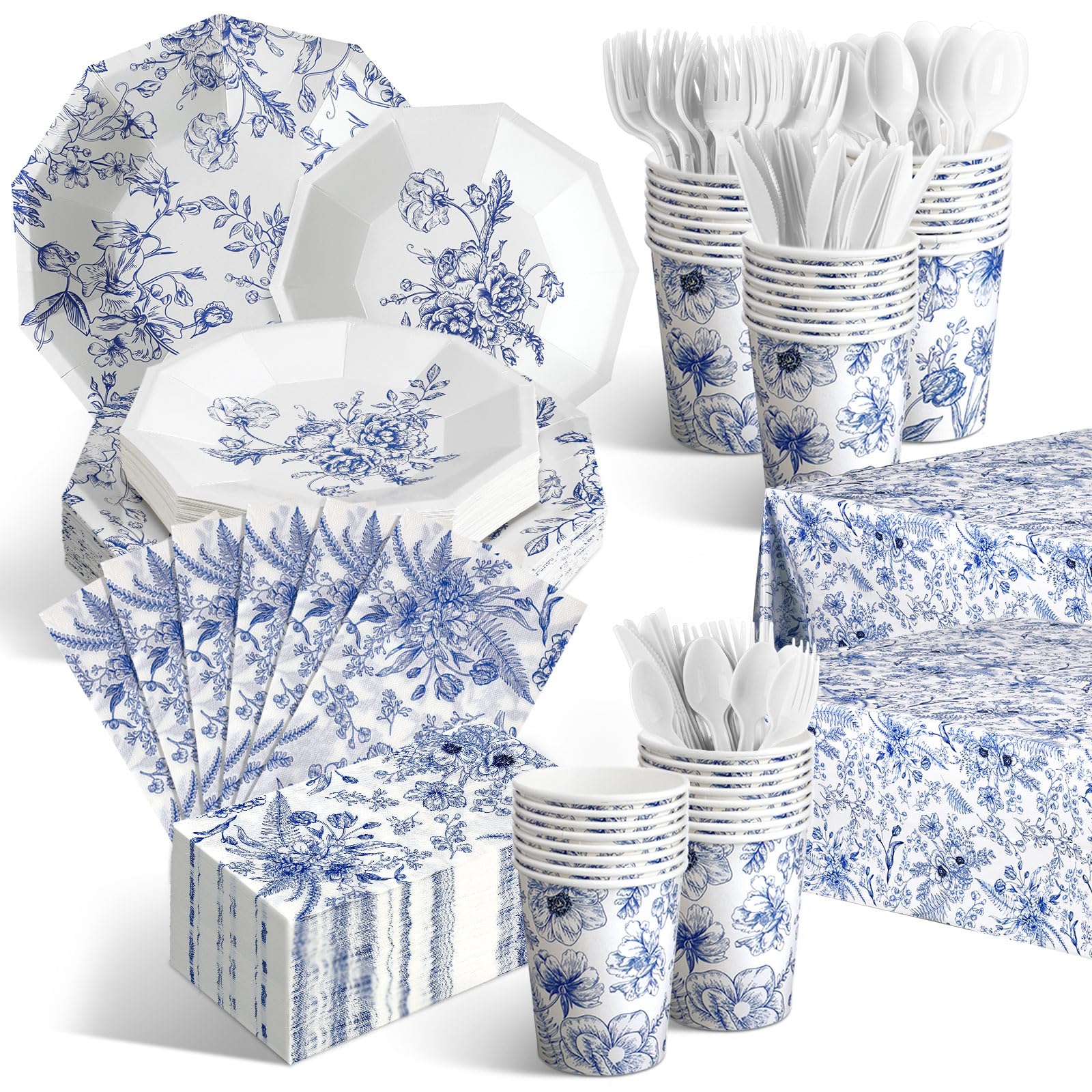 Photo 1 of Dandat 402 Pcs Blue Floral Disposable Tableware Set Serve 50 Baby Shower Party Decoration Bridal Shower Party Supplies Plates Napkins Plastic Tablecloths for Wedding Birthday Decoration