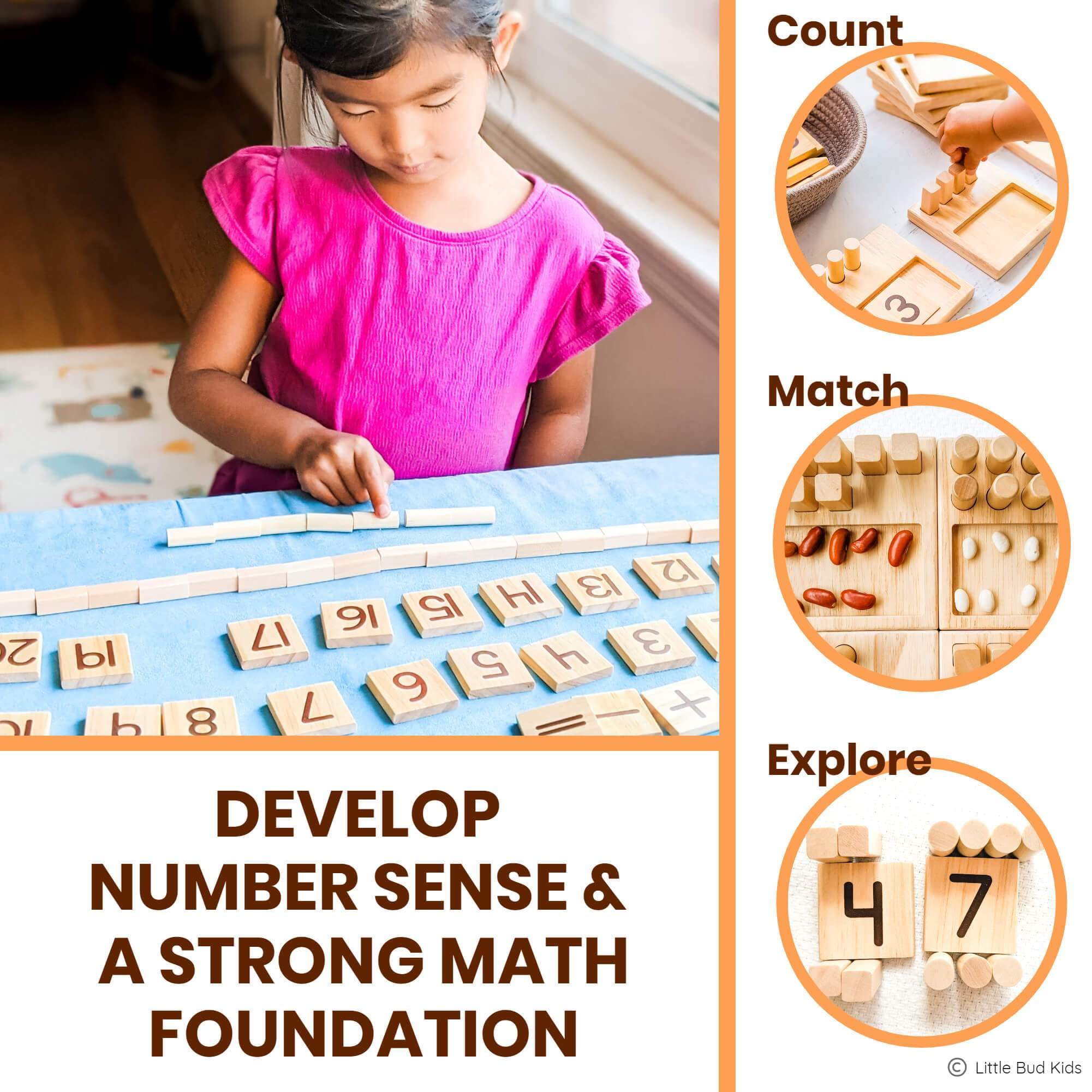 LITTLE BUD KIDS Counting Pegs - A Ten Frame Math Game with Addition and Subtraction Flash Cards, A Wooden Montessori Math Toy & Math Manipulatives Number Peg Boards for Kids 3 4 5 6 7