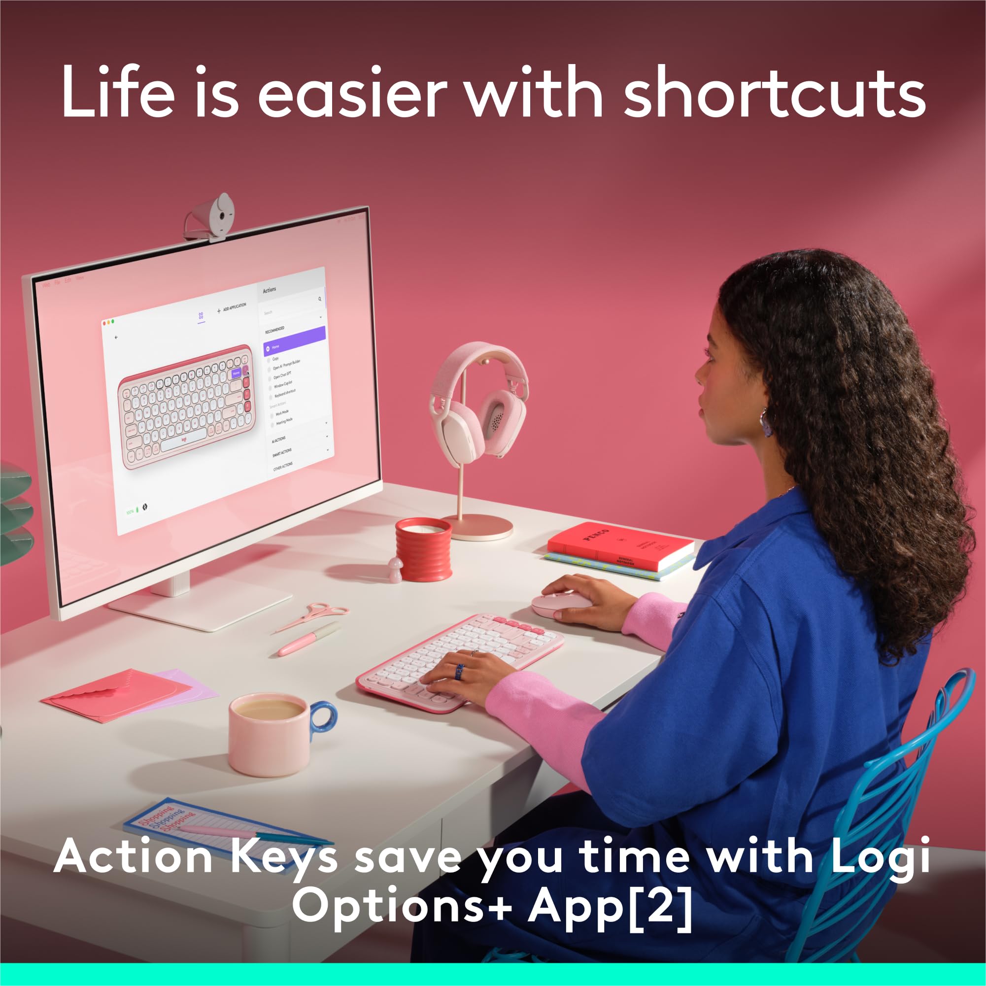 Logitech POP ICON Keys Wireless Bluetooth Keyboard, Comfortable Typing, Programmable Keys, Easy-Switch Between up to 3 Devices, for Laptop, Tablet, PC – Rose and Off-White