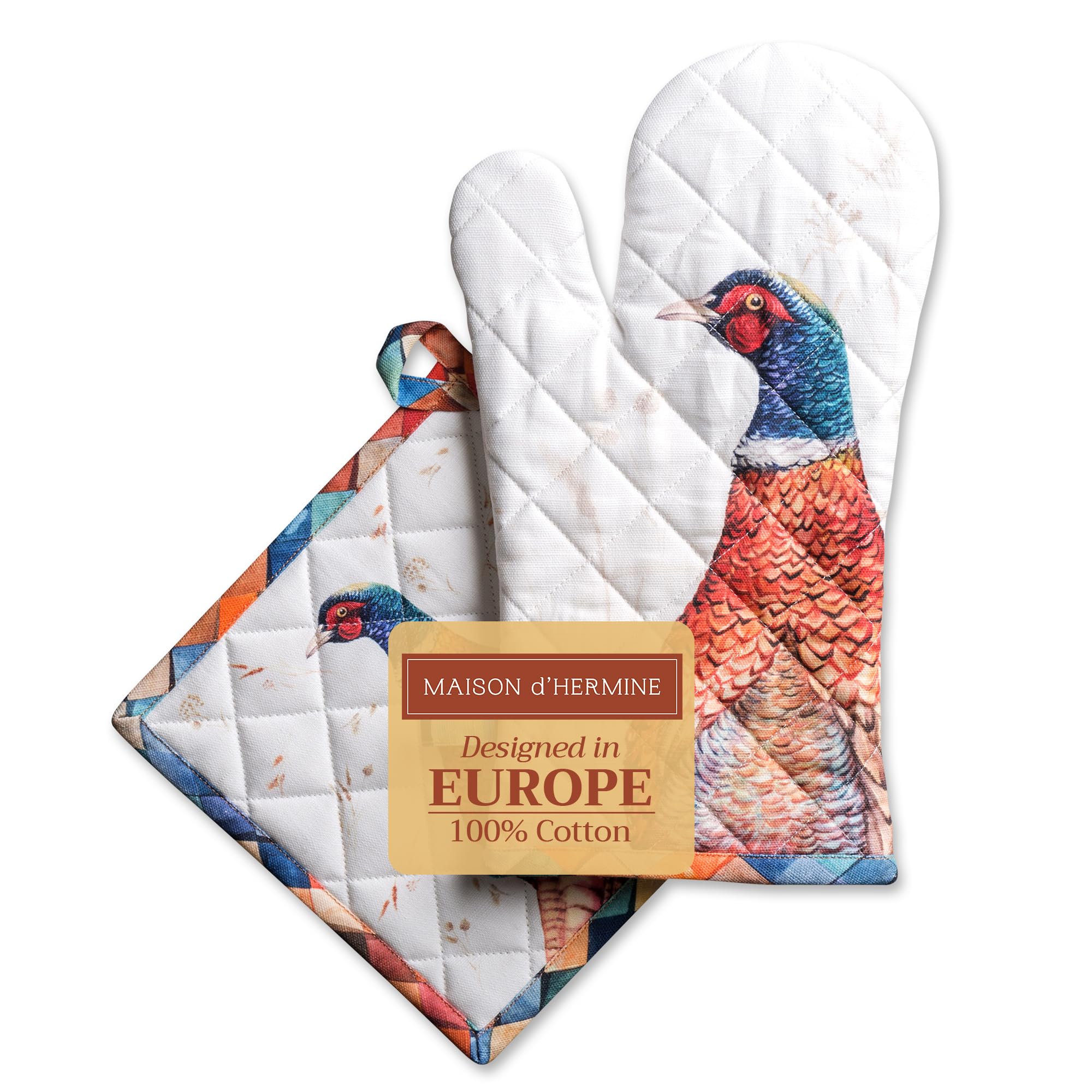 Maison d' Hermine 100% Cotton Oven Mitt & Pot Holder Set (19 x 33 cm & 20 x 20 cm) Heat Resistant BBQ Cooking Gloves with Loop for Christmas Decorations Baking Handling Hot Pans (Faisan D'Automne)