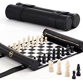 ThreeMoves Roll Up Chess Set - 11" Foldable Leather Chess Mat with Wooden Chess Pieces - Portable Travel Chess Set with Straps - Perfect Chess Game for Airplane, Camping, and More (Black)