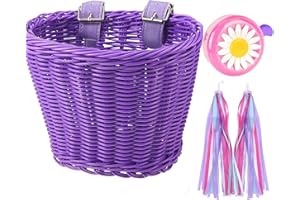 SRUTIRBO Bike Basket Kid Bicycle Basket Bike Accessories, 1pc Bicycle Bell with Stickers, 1pc Kid Bicycle Front Basket and 1pairs Colorful Ribbons Tassels Decoration for Girl Boy