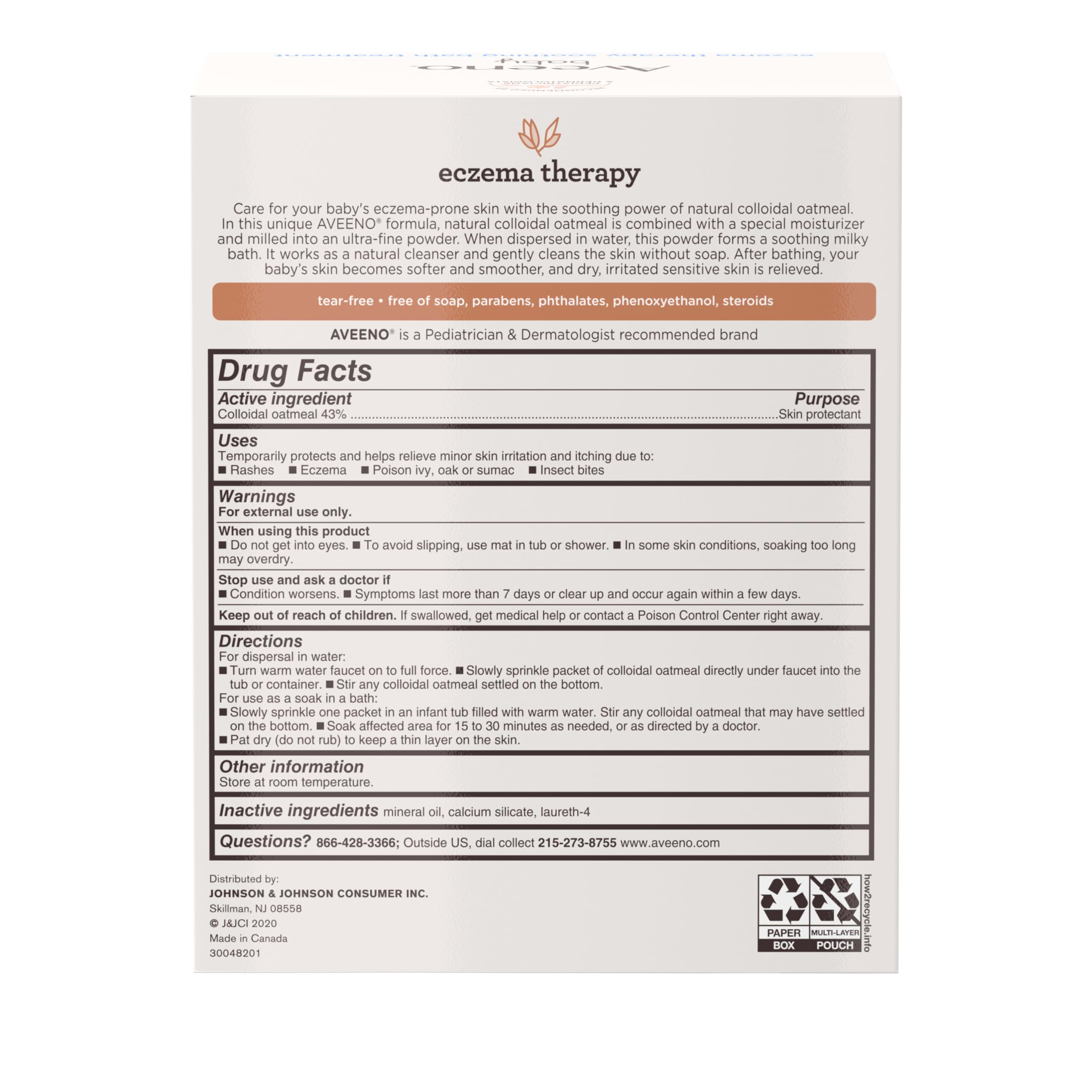 Aveeno Baby Eczema Therapy Soothing Bath Treatment for Relief of Dry, Itchy & Irritated Skin, Made with Natural Colloidal Oatmeal, Fragrance-, Paraben-, Steroid- & Tear-Free, 5 ct