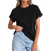 PRETTYGARDEN Womens Summer Tops 2026 Spring Casual Rolled Short Sleeve Basic Tees Crew Neck Work Shirts Fashion Clothing