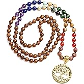 Bivei 7 Chakra 108 Mala Beads Bracelet Real Gemstone Yoga Meditation Hand Knotted Mala Prayer Bead Necklace