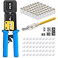 Everest Media Solutions RJ45 Crimp Tool Kit, With 50 Cat5e Pass Through Connectors and 50 Strain Relief Boots + Extra blades - EZ Cut, Strip, Crimp Ethernet Cables - Professional Network Crimping tool