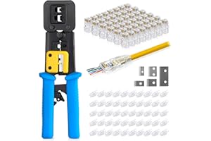 Everest Media Solutions RJ45 Crimp Tool Kit, With 50 Cat6 Pass Through Connectors and 50 Strain Relief Boots + Extra blades - EZ Cut, Strip, Crimp Ethernet Cables - Professional Network Crimping tool