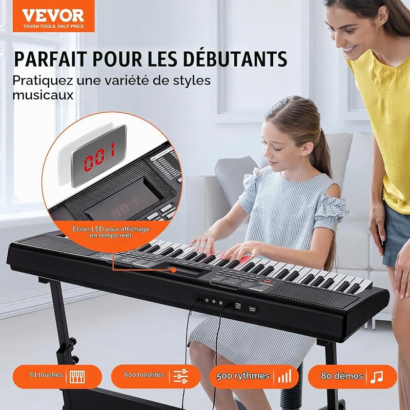 Clavier Piano Numérique, 61 Touches, Piano à Clavier Électrique Portable, Support, 600 Tons, 500 Rythmes, Haut-parleurs Intégrés, Pédale de Sustain, Casque, Microphone, USB MIDI, pour Débutants