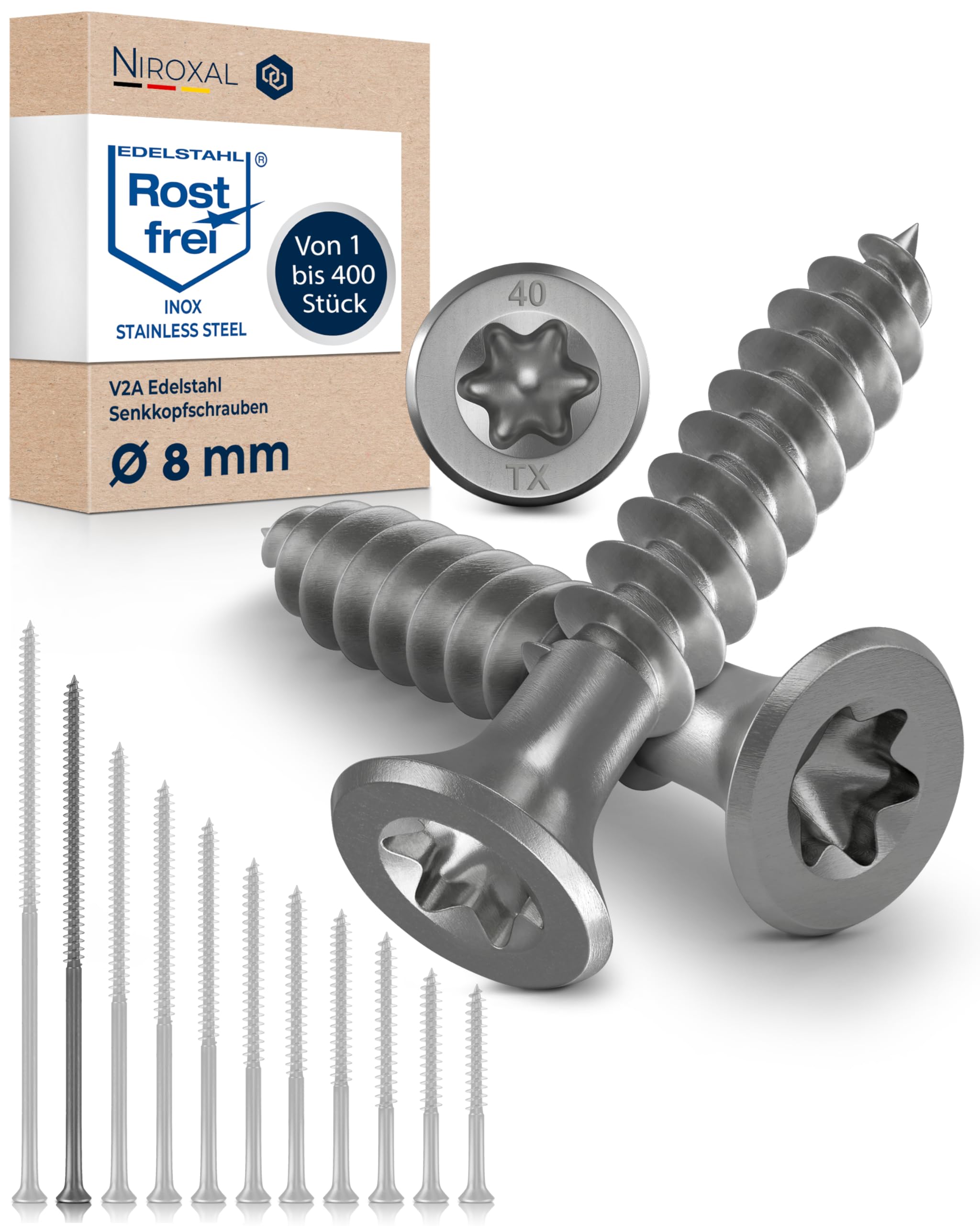 Wood Screws 8 x 200 mm Stainless Steel 304 TORX Countersunk Head Chipboard Screws Timber Screws Partial Thread A2 25 Pack